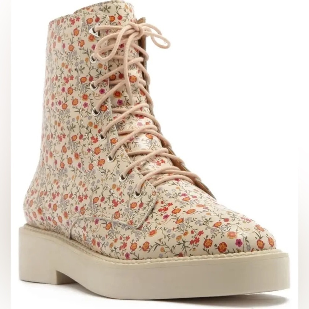 Schutz McKenzie Floral Print Leather Combat Boot Natural Cream Lace Up 9.5 Women